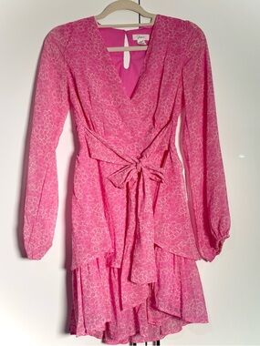 Japna bright pink long sleeve tie front dress